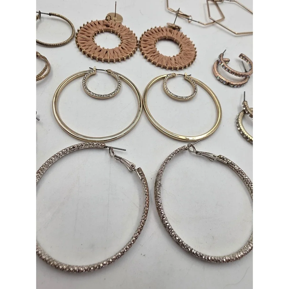 Hoop Earring Lot 12 Pairs Gold Silver Rose Gold Rhinestone Geometric Woven Set